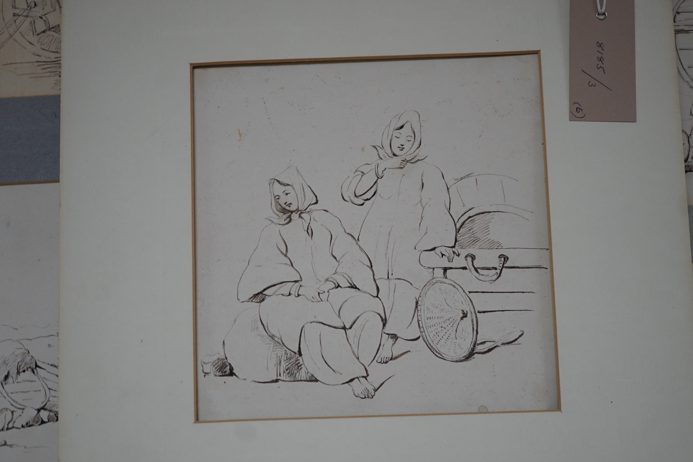 Manner of George Chinnery (1774-1852), six pen and ink drawings, Studies of boatmen, a junk and figures on the shore, largest approx. 19 x 19cm, unframed